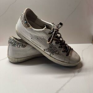 Golden Goose White and Silver Sneakers with Leopard Laces